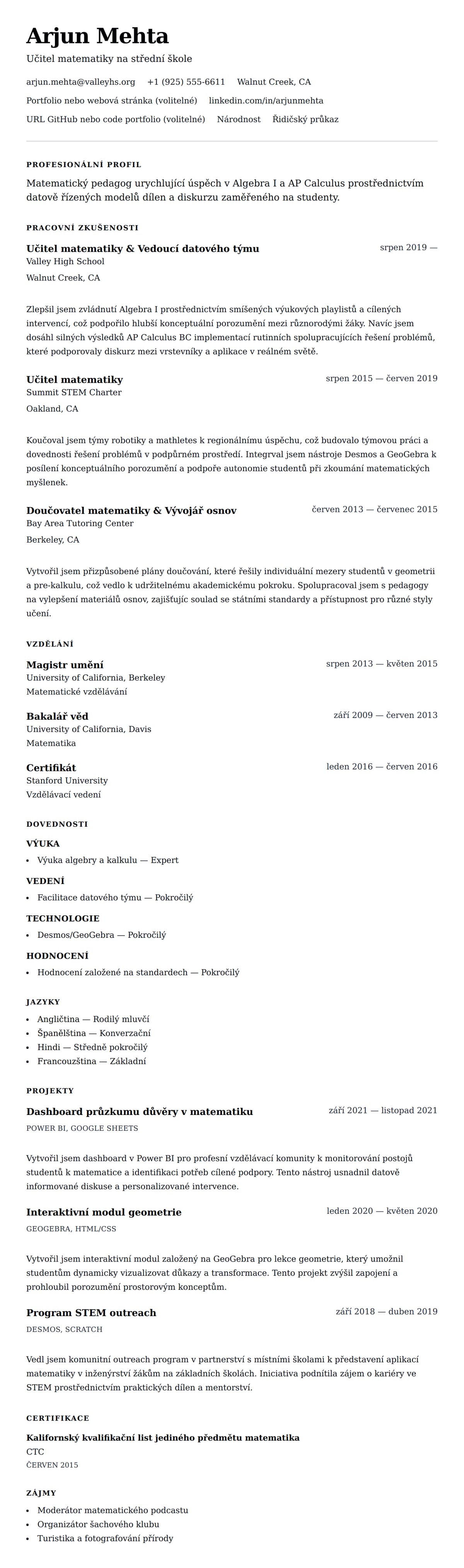 Náhled životopisu pro Příklad životopisu učitele matematiky