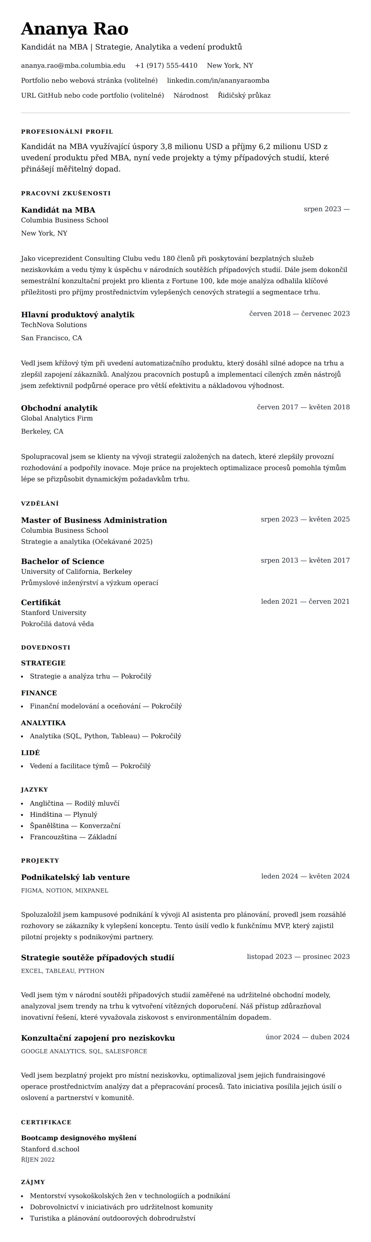 Náhled životopisu pro Příklad životopisu kandidáta na MBA