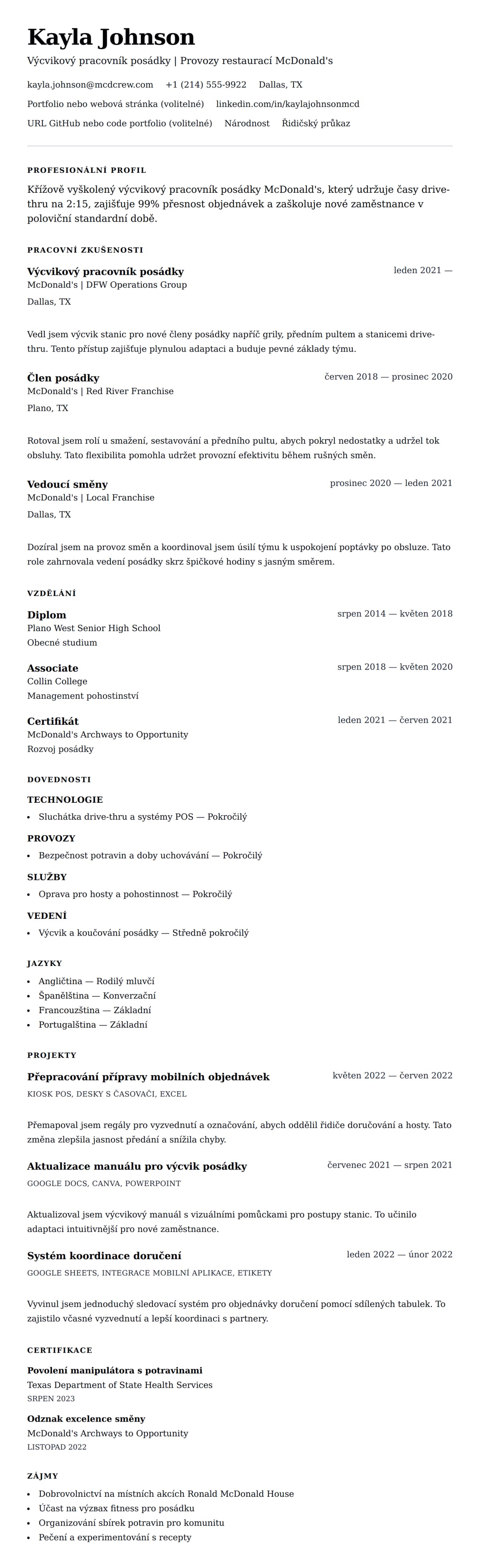 Náhled životopisu pro Příklad životopisu pro člena posádky McDonald's