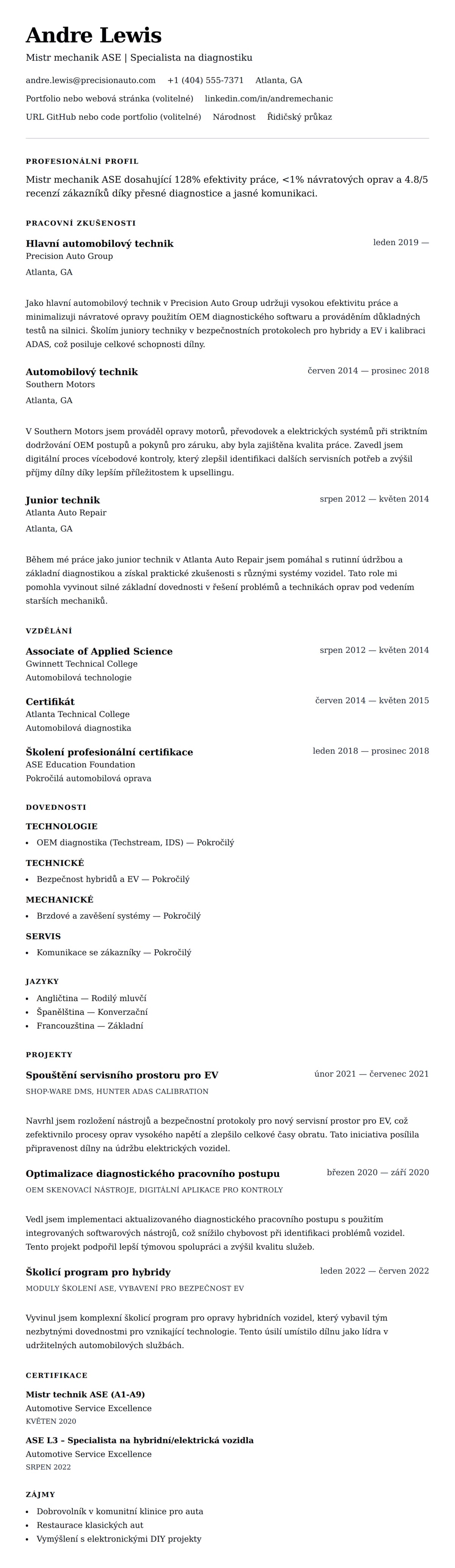 Náhled životopisu pro Příklad životopisu mechanika