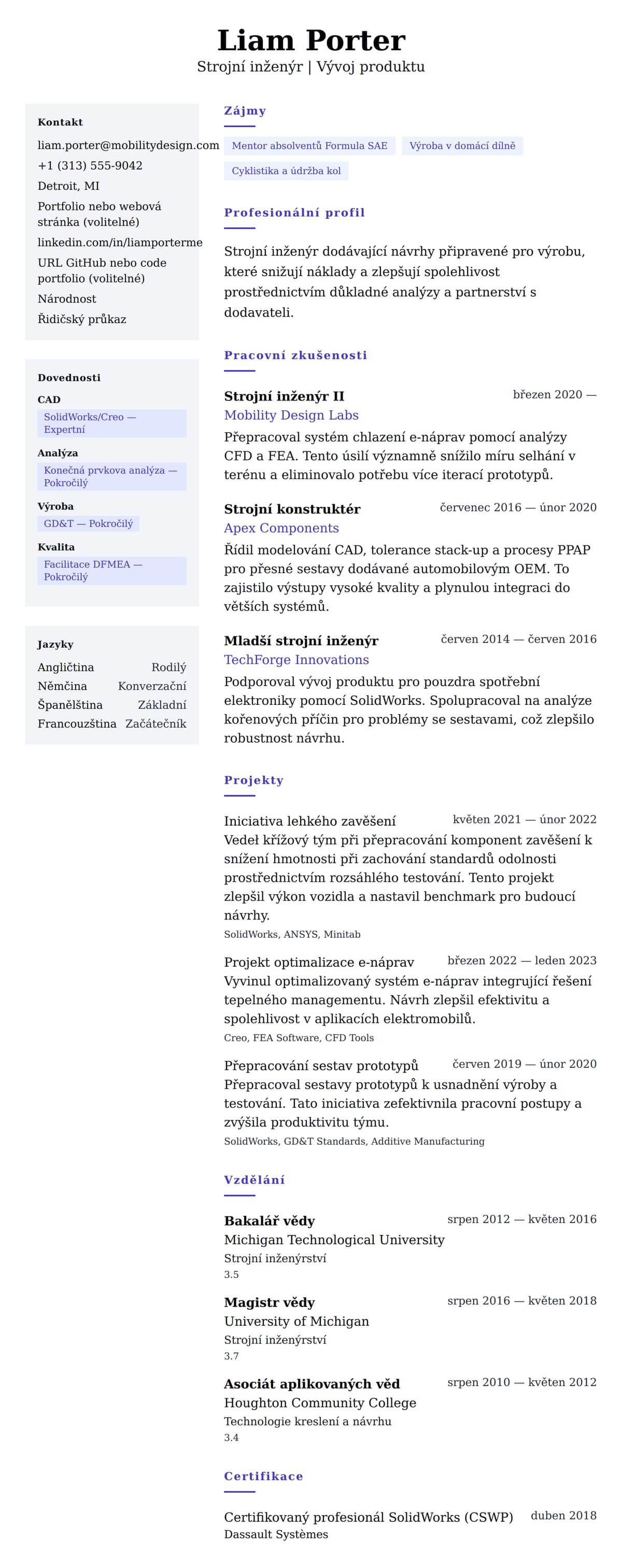 Náhled životopisu pro Příklad životopisu strojního inženýra