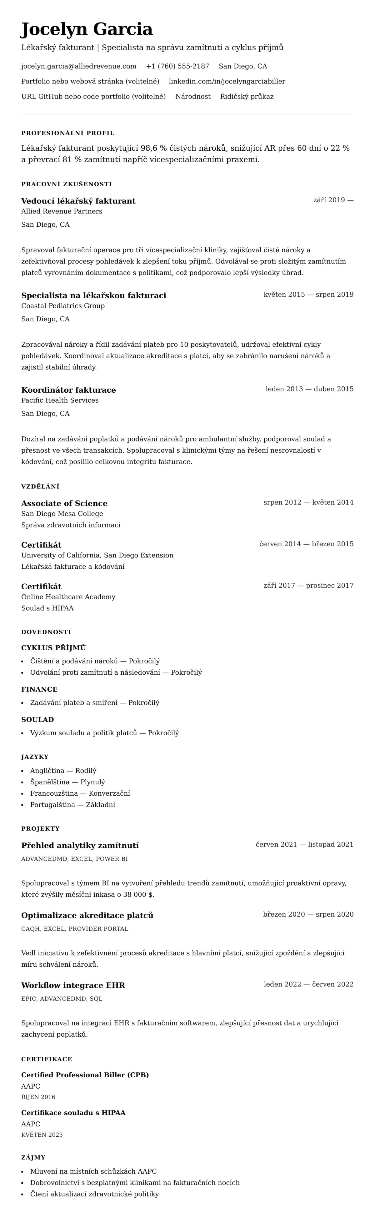 Náhled životopisu pro Příklad životopisu lékařského fakturanta