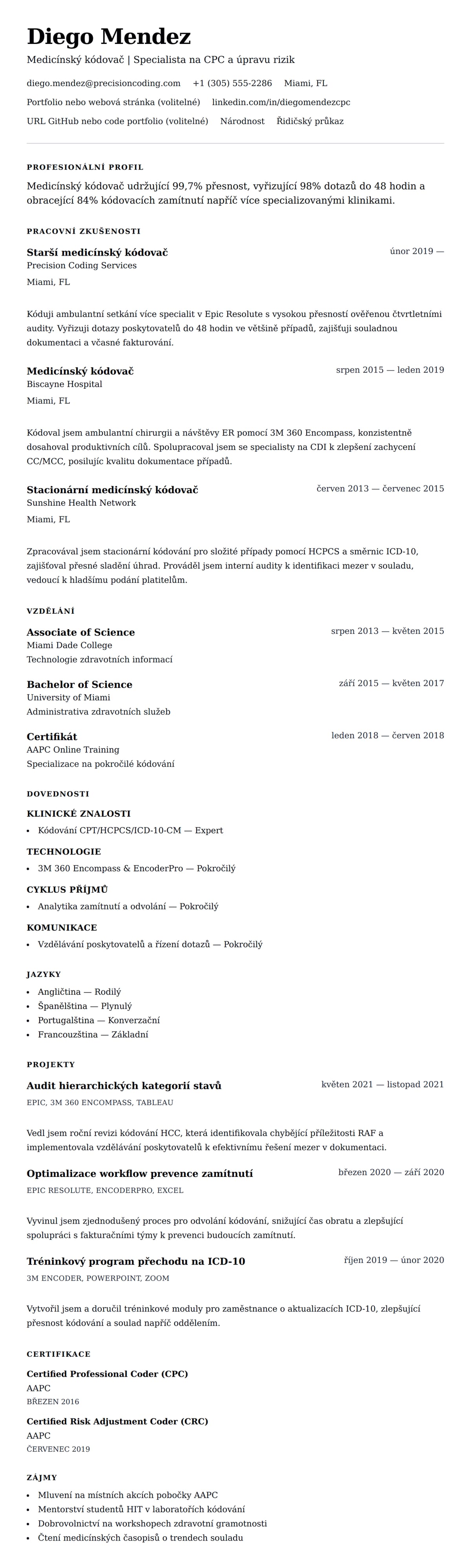 Náhled životopisu pro Příklad životopisu medicínského kódovače