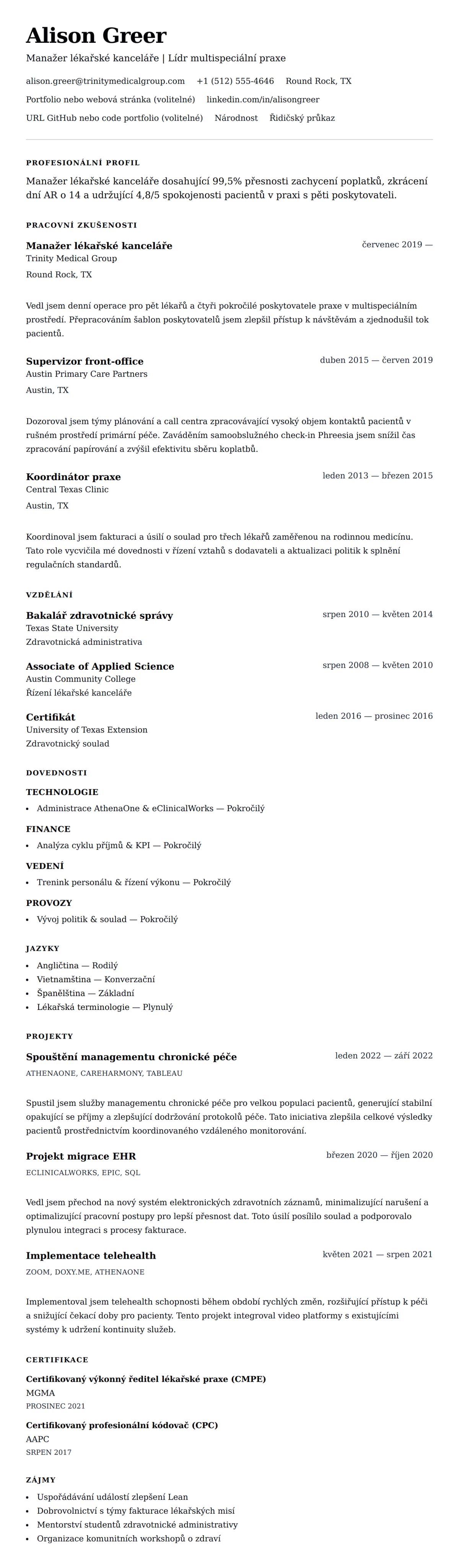 Náhled životopisu pro Příklad životopisu Manažera lékařské kanceláře