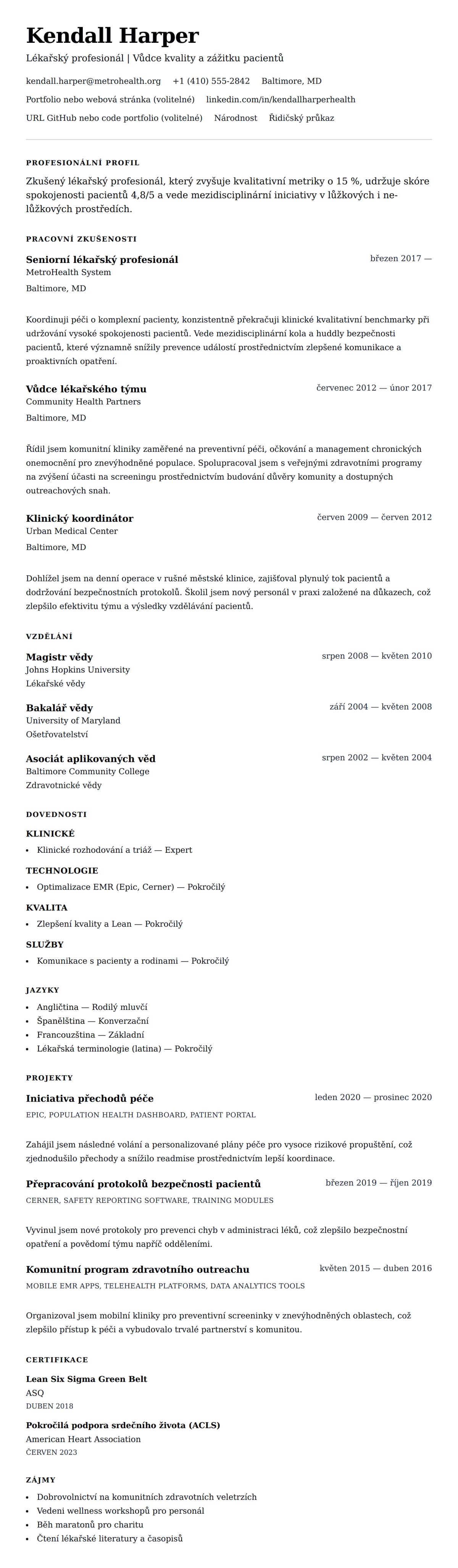 Náhled životopisu pro Příklad životopisu pro lékařského profesionála