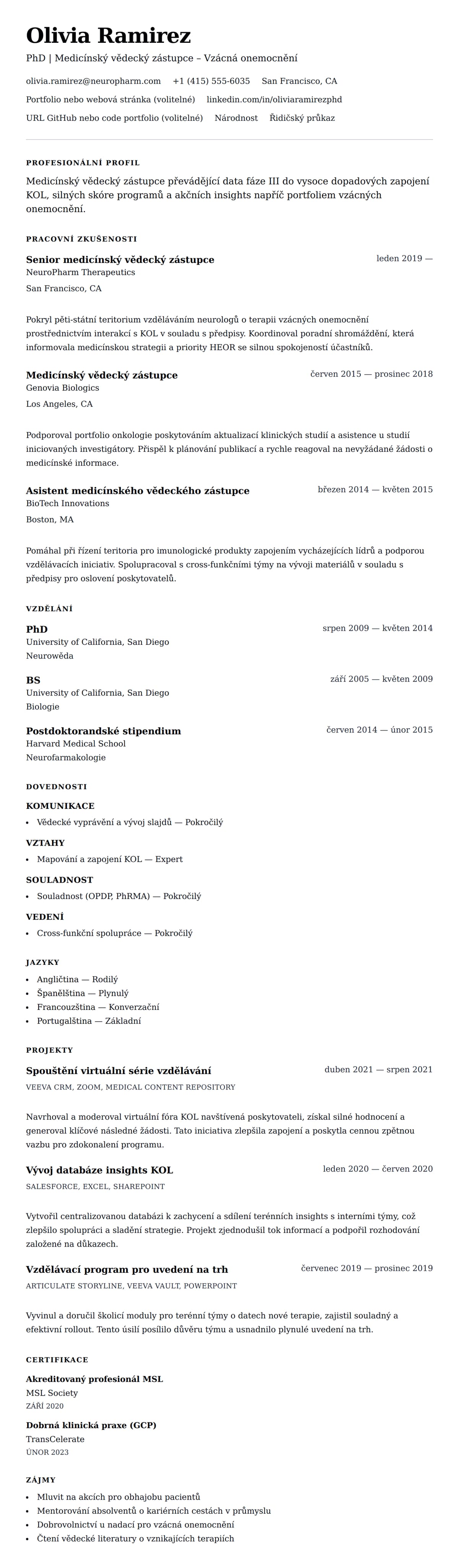 Náhled životopisu pro Příklad životopisu medicínského vědeckého zástupce