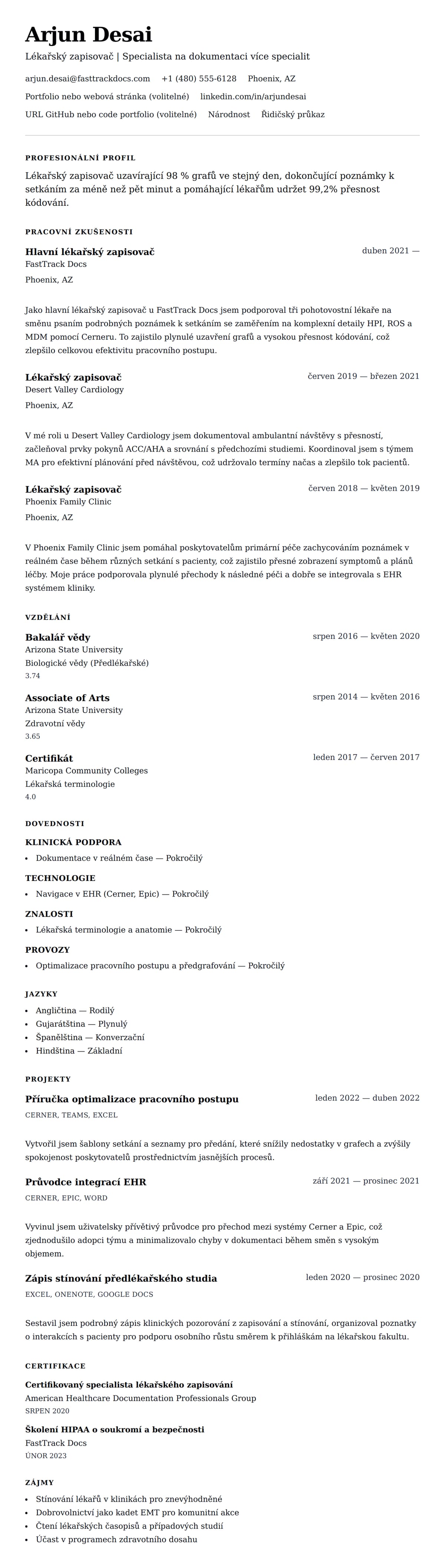 Náhled životopisu pro Příklad životopisu lékařského zapisovače