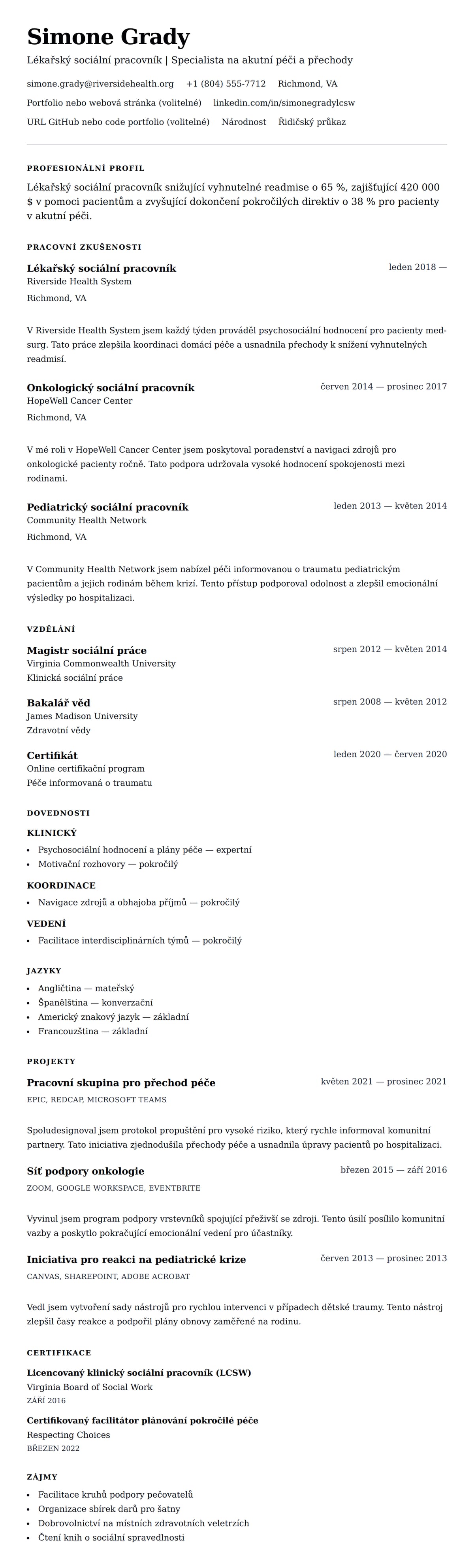 Náhled životopisu pro Příklad životopisu lékařského sociálního pracovníka