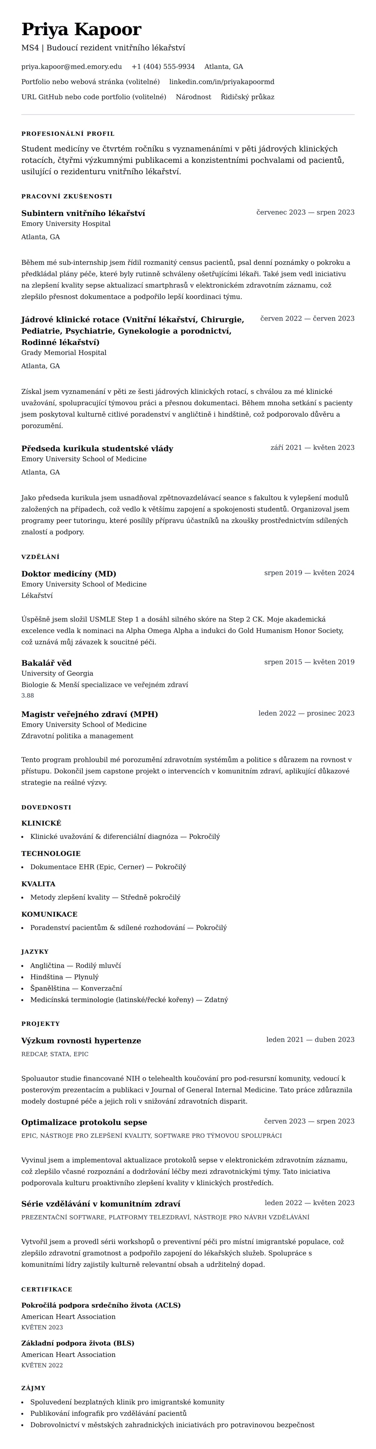 Náhled životopisu pro Příklad životopisu studenta medicíny