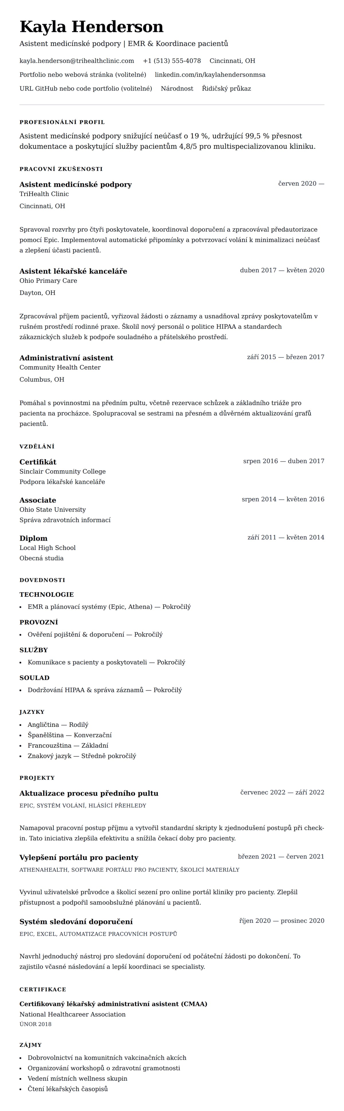 Náhled životopisu pro Příklad životopisu pro asistenta medicínské podpory