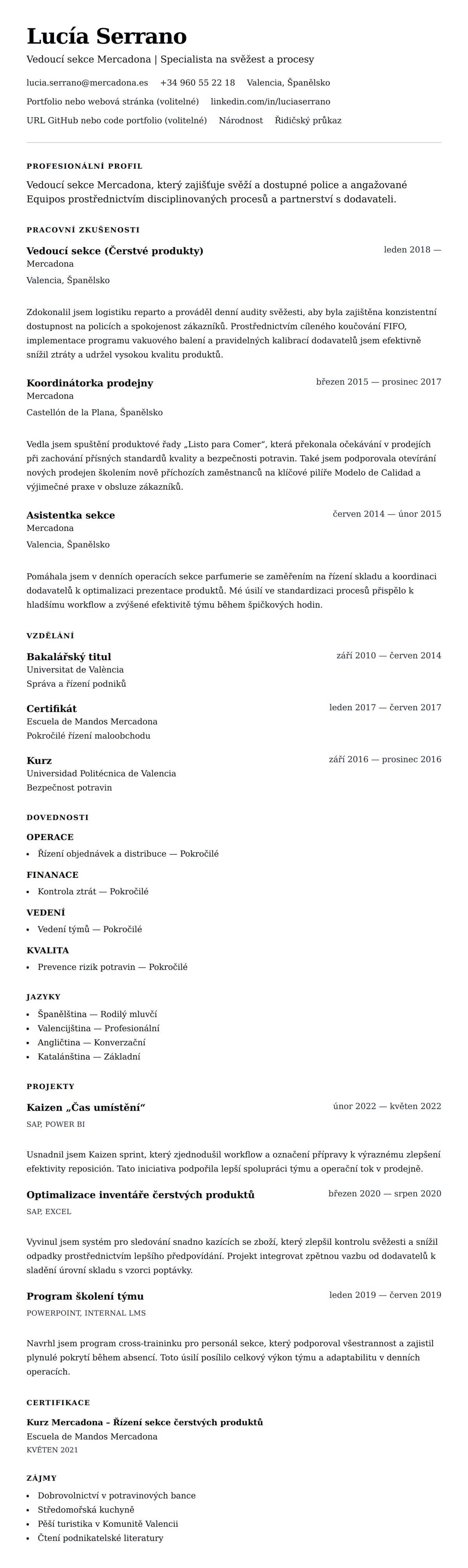 Náhled životopisu pro Příklad životopisu Vedoucího sekce Mercadona