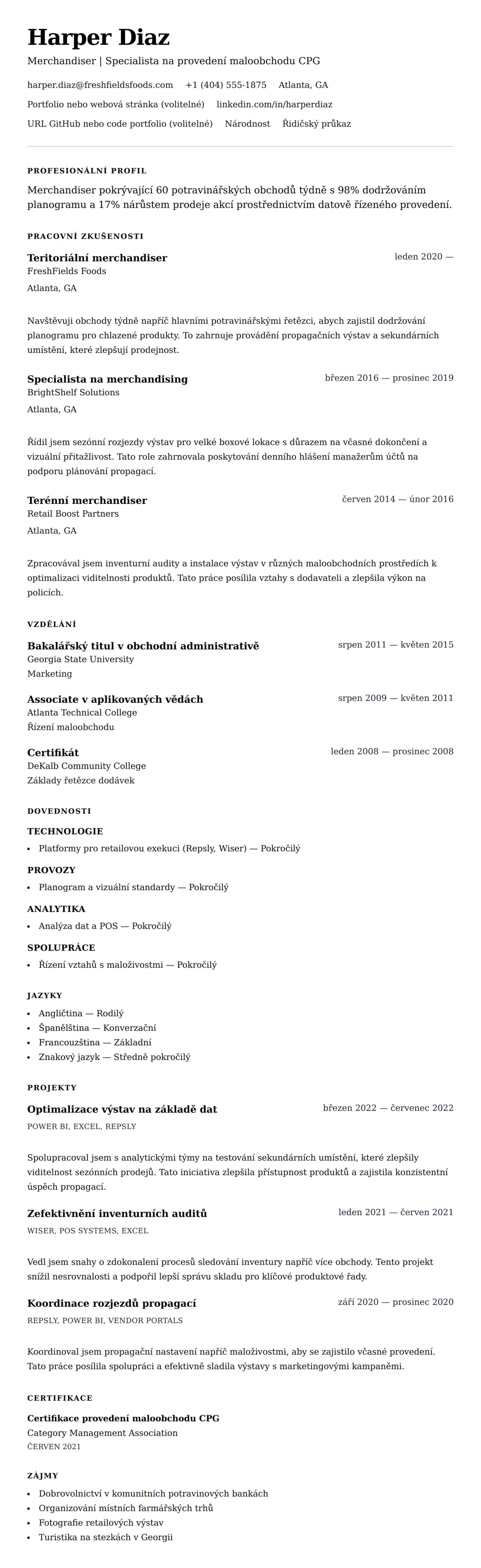 Náhled životopisu pro Příklad životopisu merchandisera
