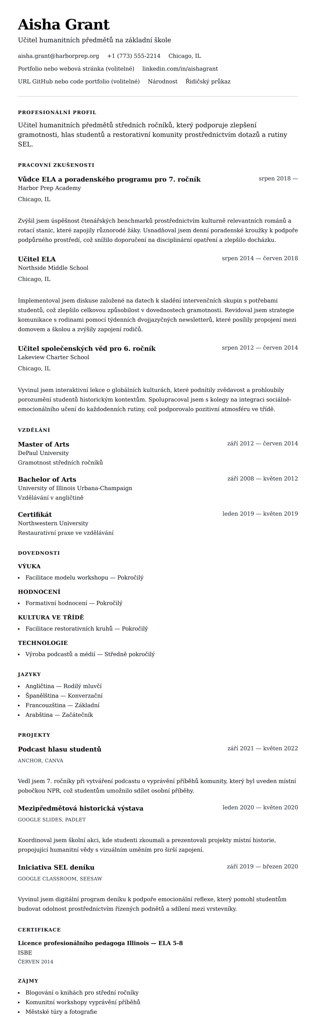 Náhled životopisu pro Příklad životopisu učitele základní školy