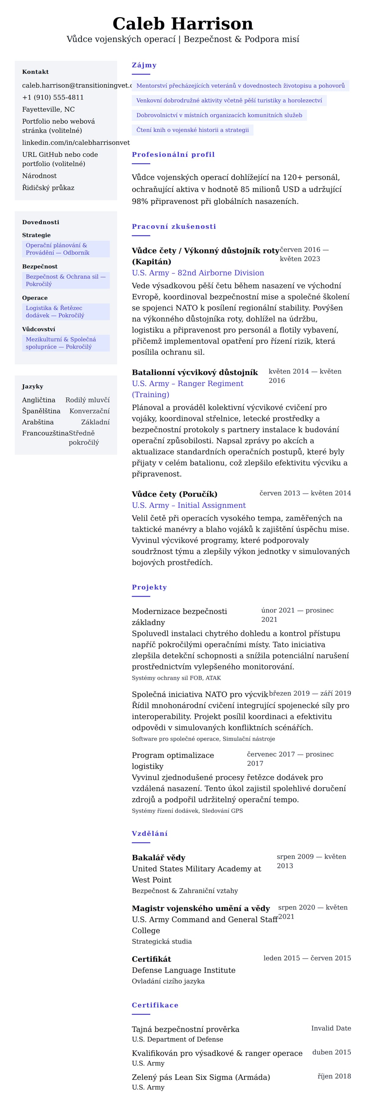 Náhled životopisu pro Příklad životopisu vojenského příslušníka