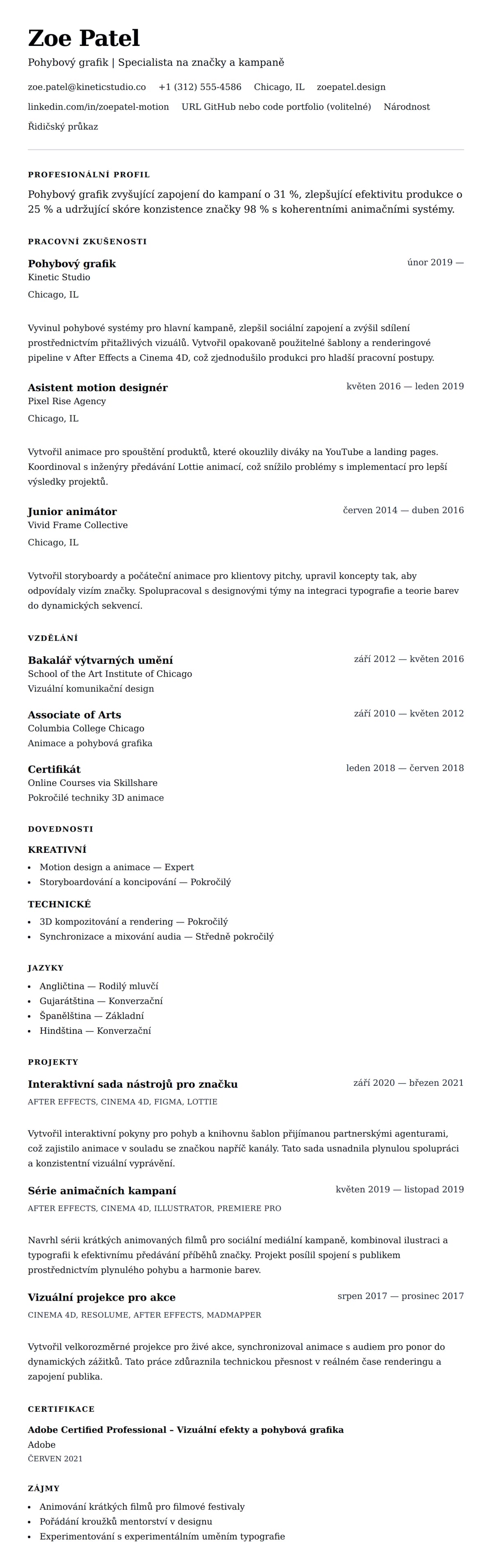 Náhled životopisu pro Příklad životopisu pohybového grafika