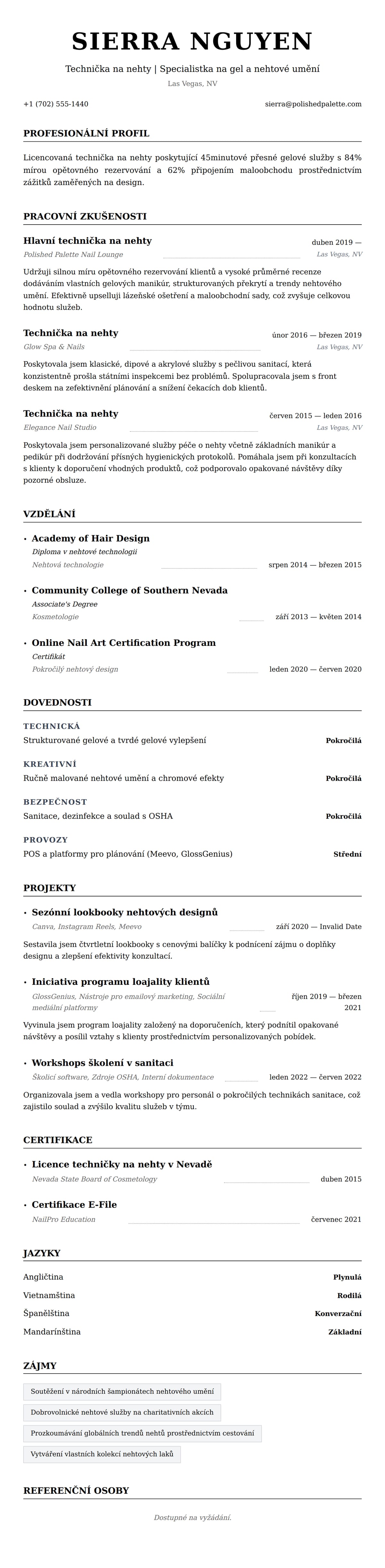 Náhled životopisu pro Příklad životopisu techničky na nehty