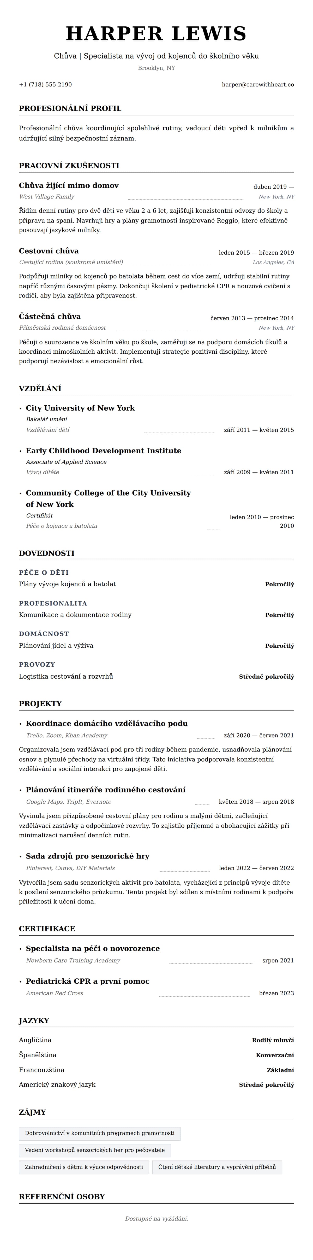 Náhled životopisu pro Příklad životopisu chůvy