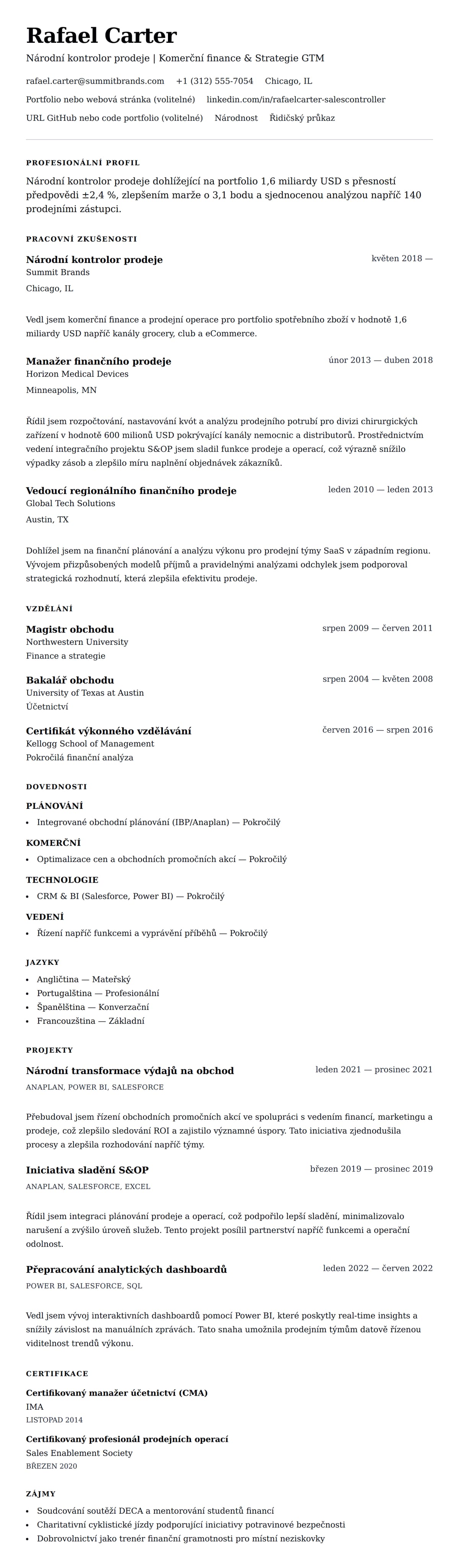 Náhled životopisu pro Příklad životopisu národního kontrolora prodeje