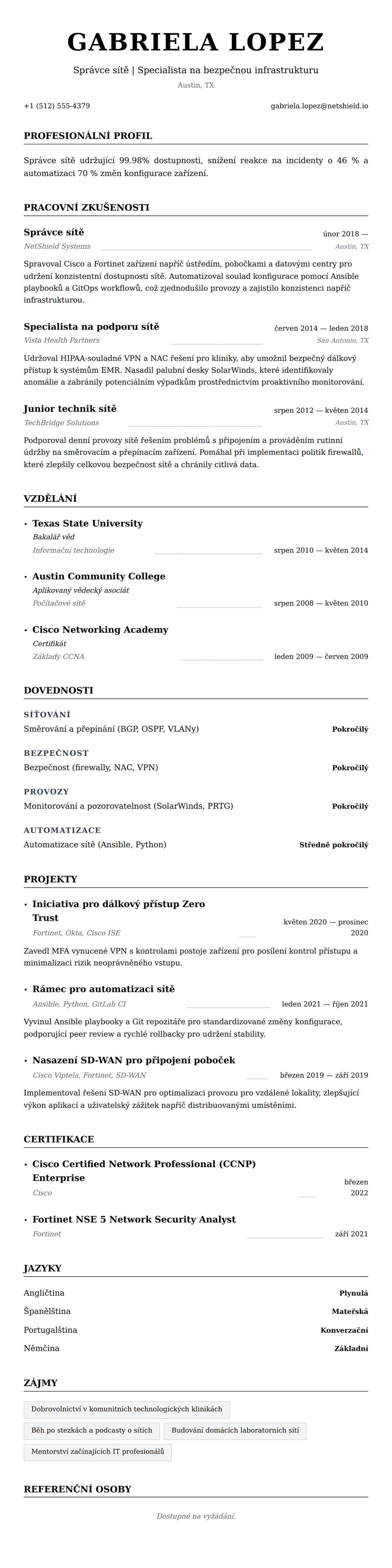 Náhled životopisu pro Příklad životopisu správce sítě