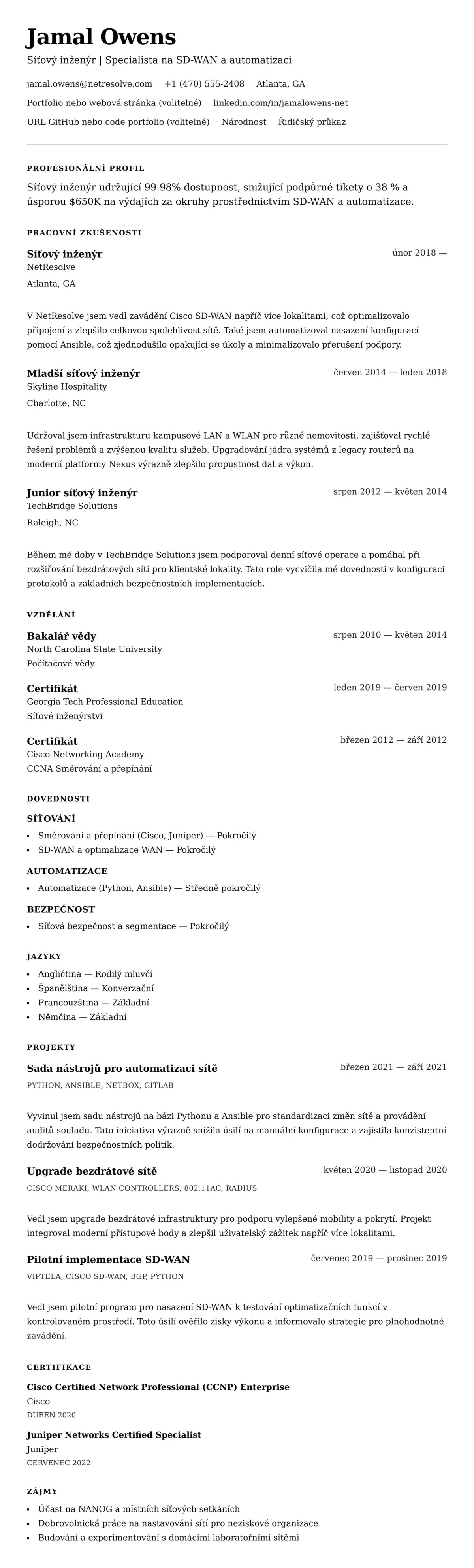 Náhled životopisu pro Příklad životopisu síťového inženýra