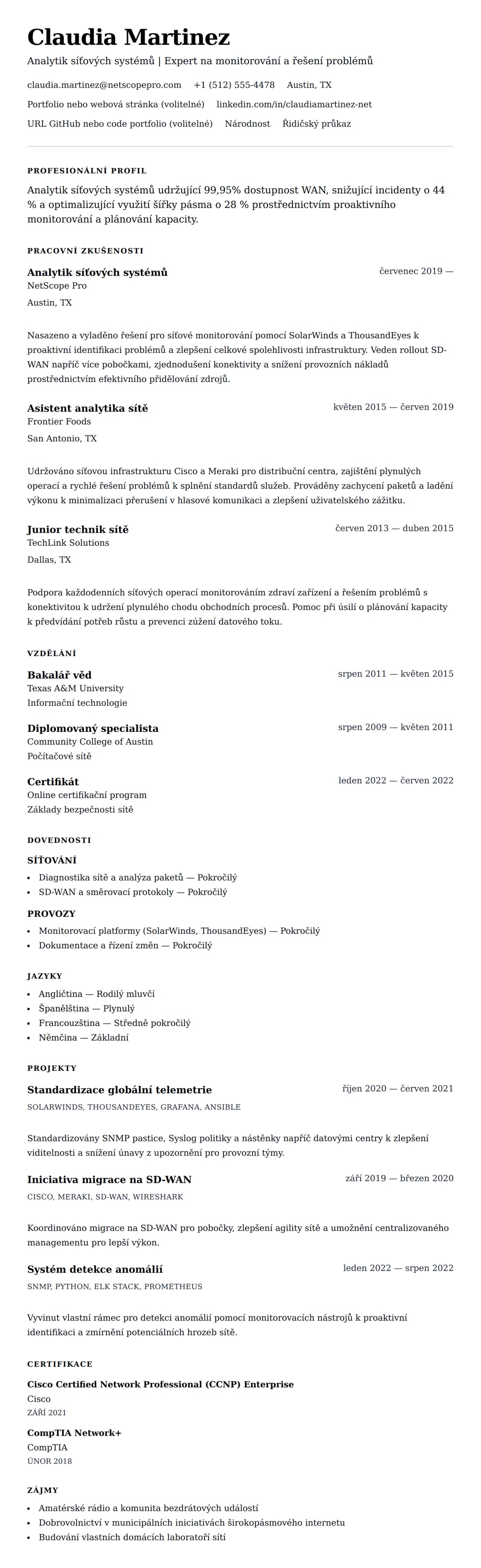 Náhled životopisu pro Příklad životopisu analytika síťových systémů