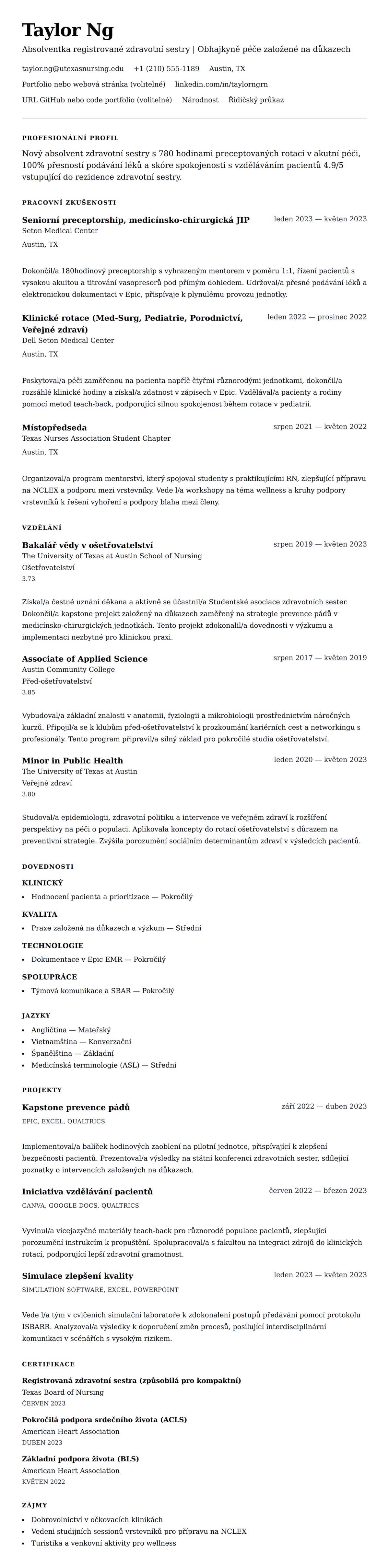 Náhled životopisu pro Příklad životopisu pro nového absolventa zdravotní sestry