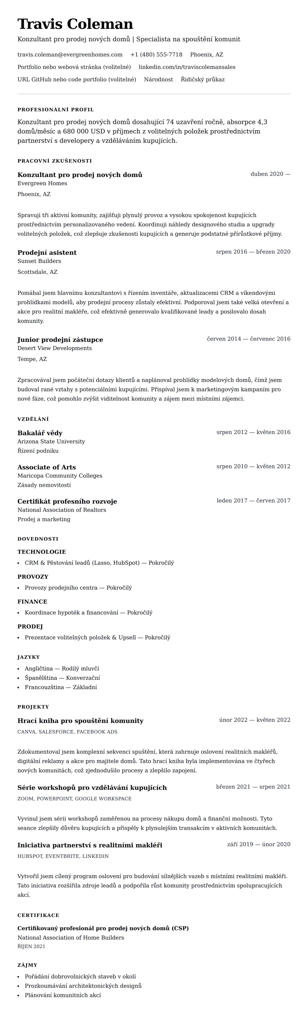 Náhled životopisu pro Příklad životopisu Konzultanta pro prodej nových domů
