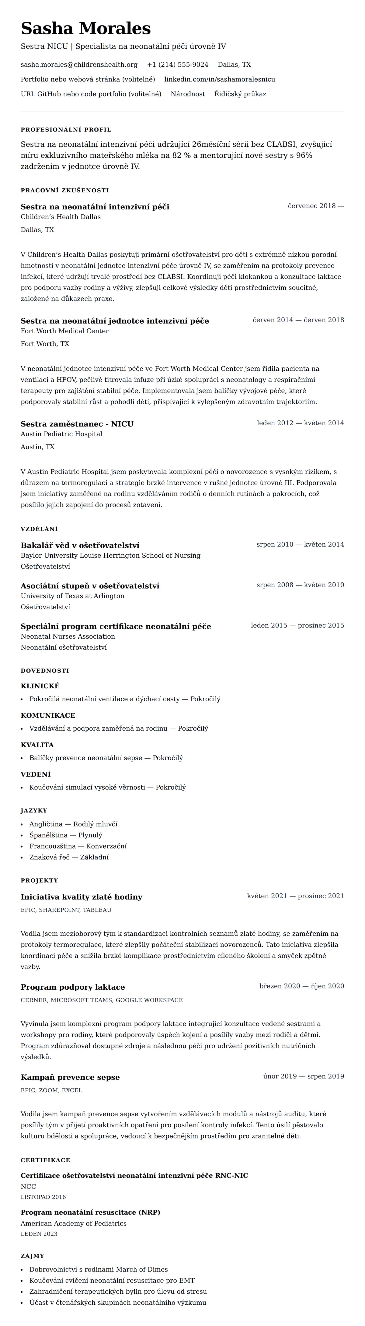 Náhled životopisu pro Příklad životopisu sestry na neonatální intenzivní péči