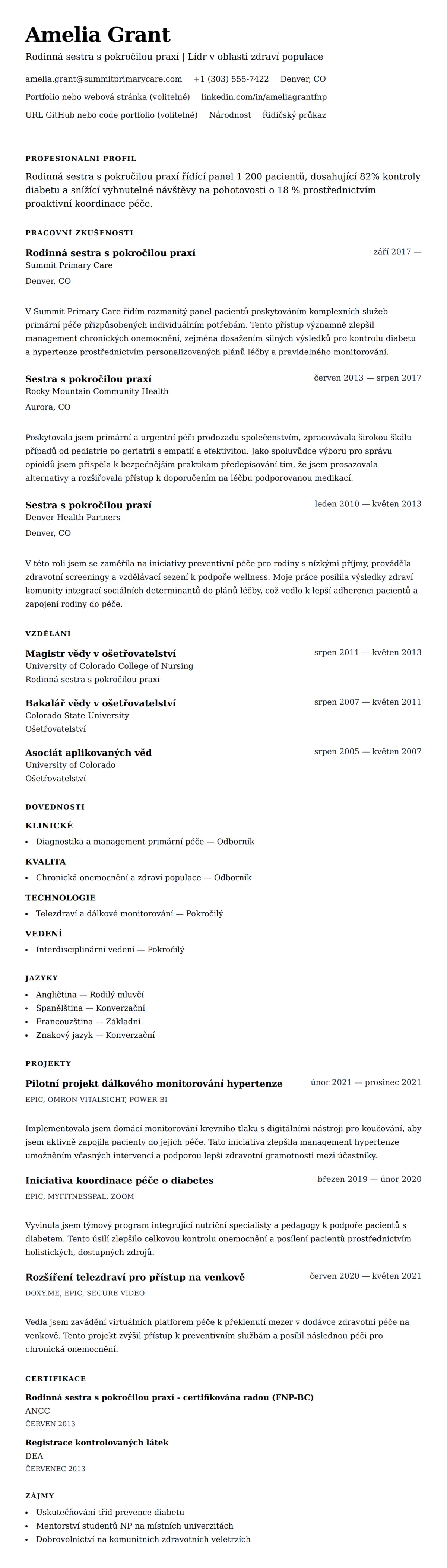Náhled životopisu pro Příklad životopisu sestry s pokročilou praxí