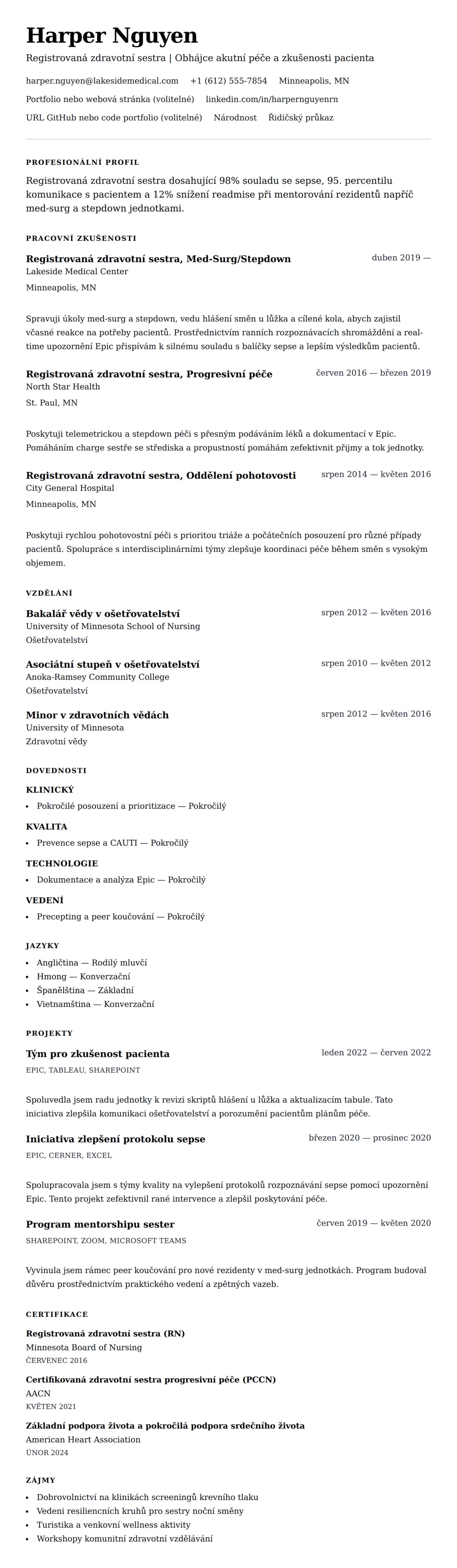 Náhled životopisu pro Příklad životopisu zdravotní sestry