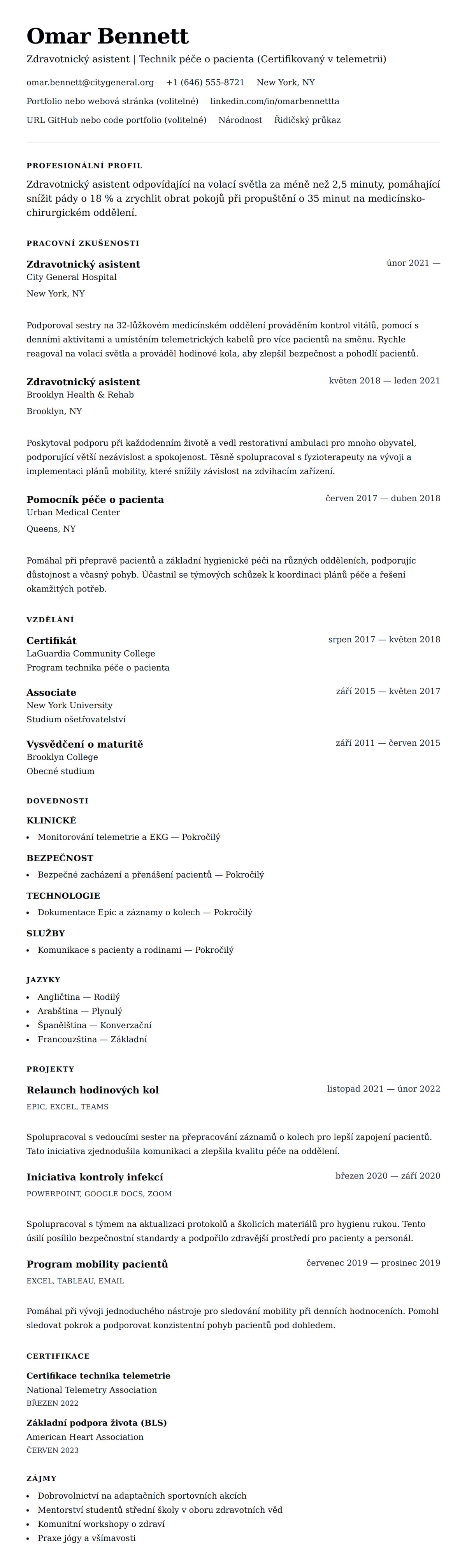 Náhled životopisu pro Příklad životopisu zdravotnického asistenta