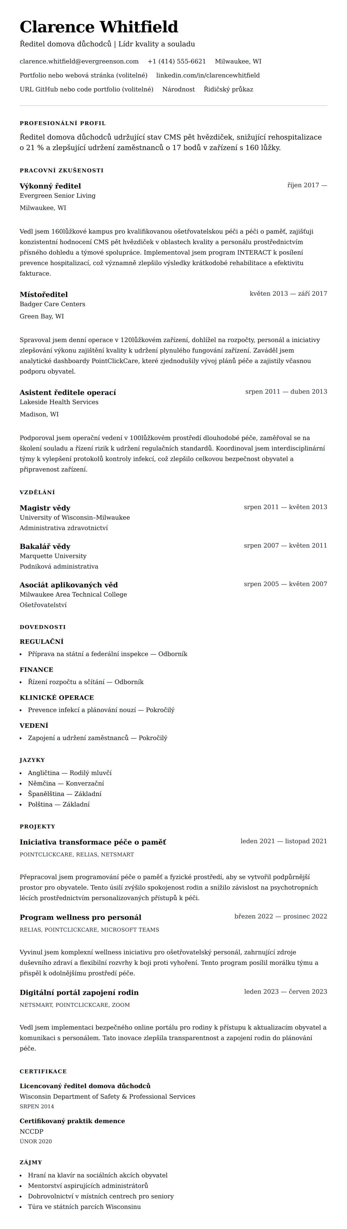 Náhled životopisu pro Příklad životopisu ředitele domova důchodců