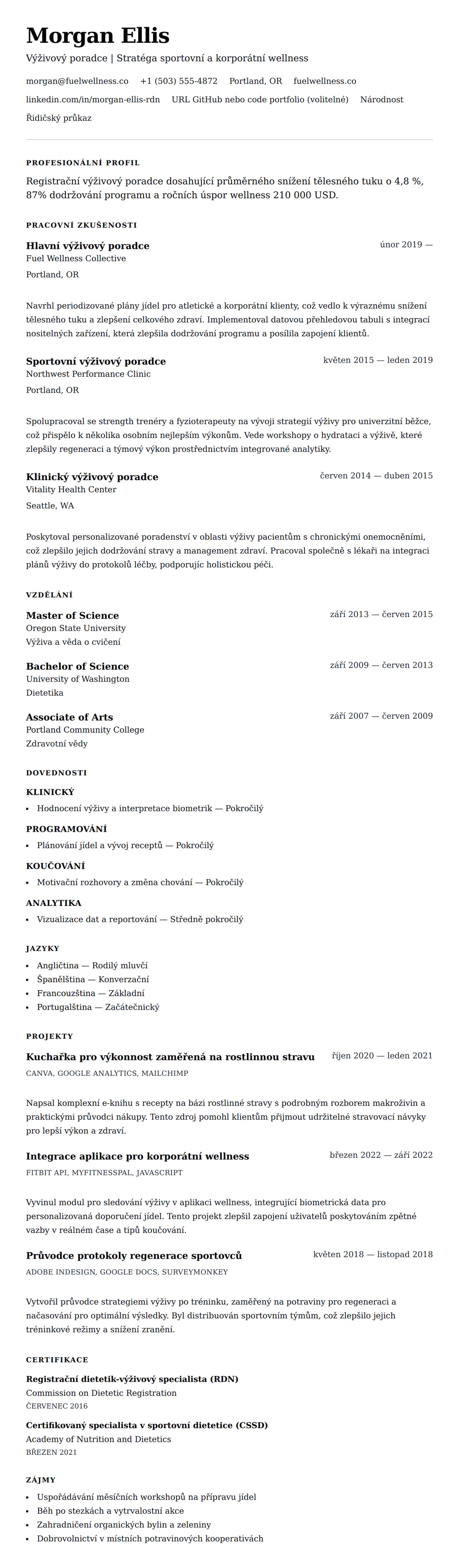 Náhled životopisu pro Příklad životopisu výživového poradce