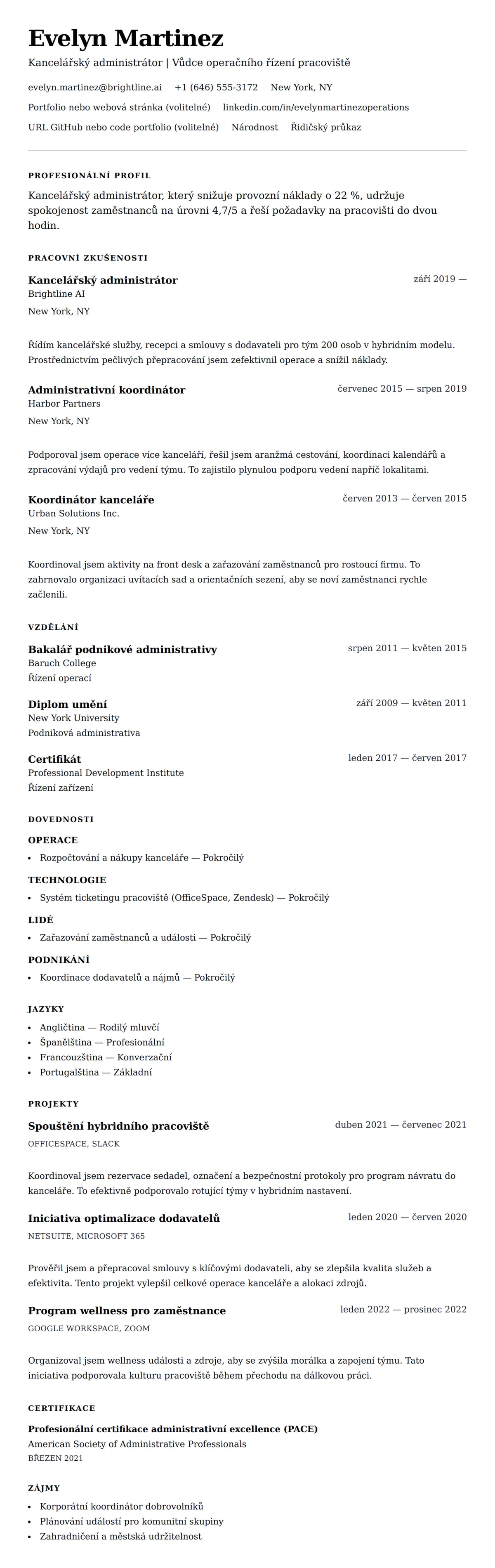 Náhled životopisu pro Příklad životopisu kancelářského administrátora