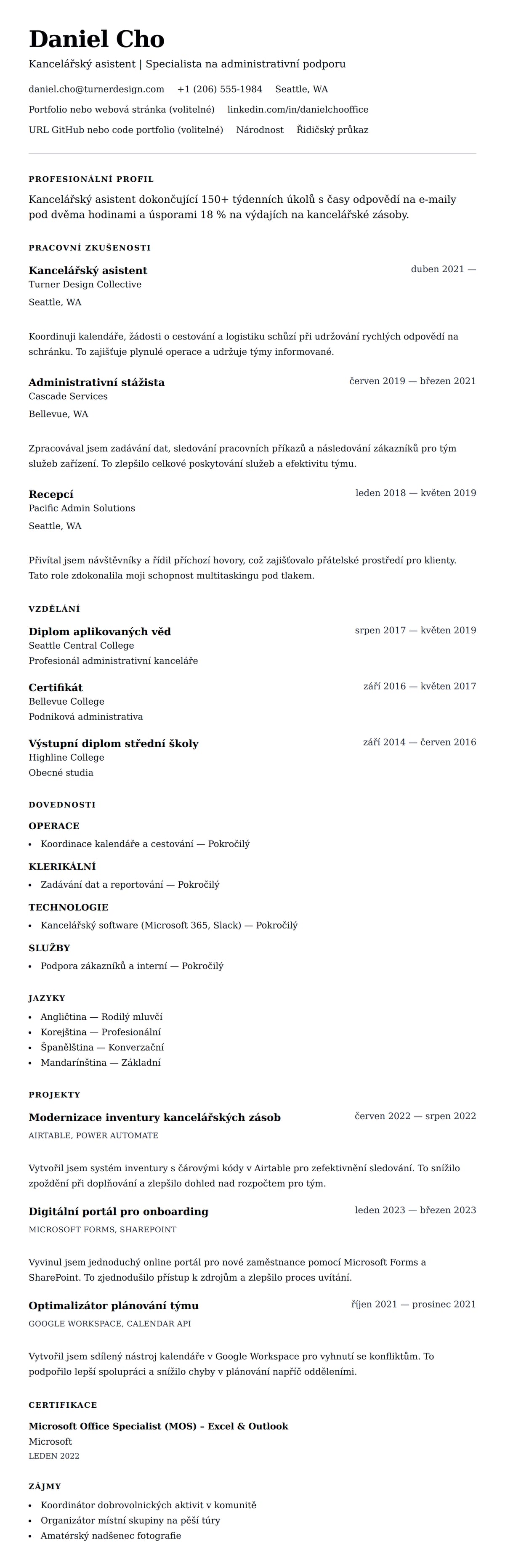 Náhled životopisu pro Příklad životopisu pro kancelářského asistenta