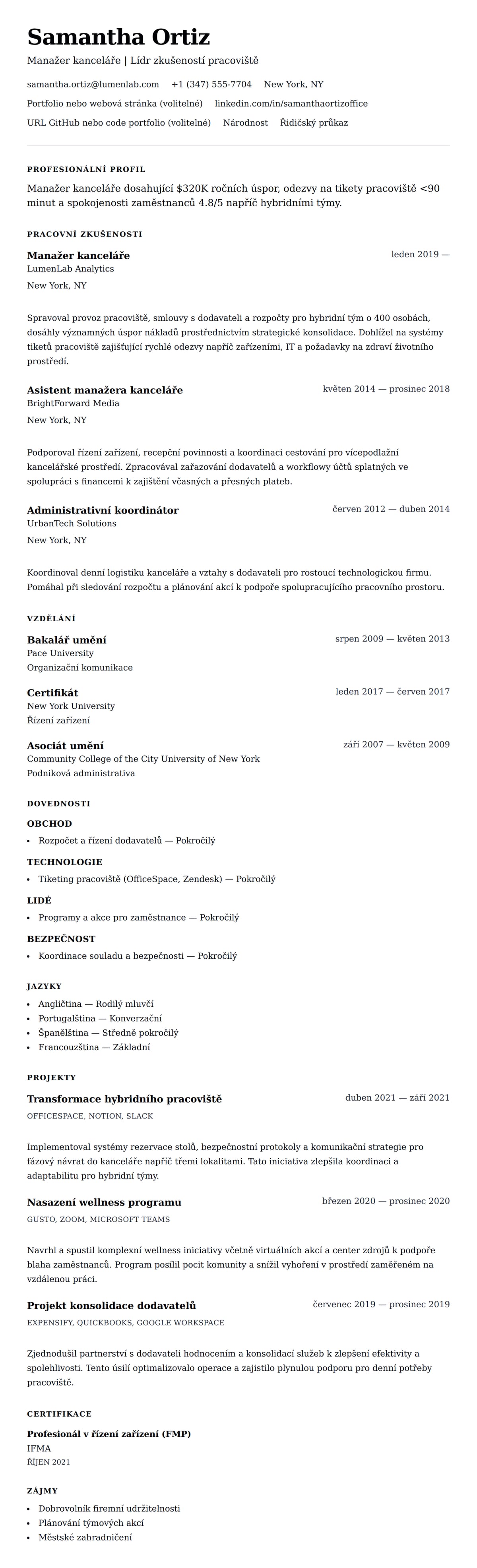 Náhled životopisu pro Příklad životopisu manažera kanceláře