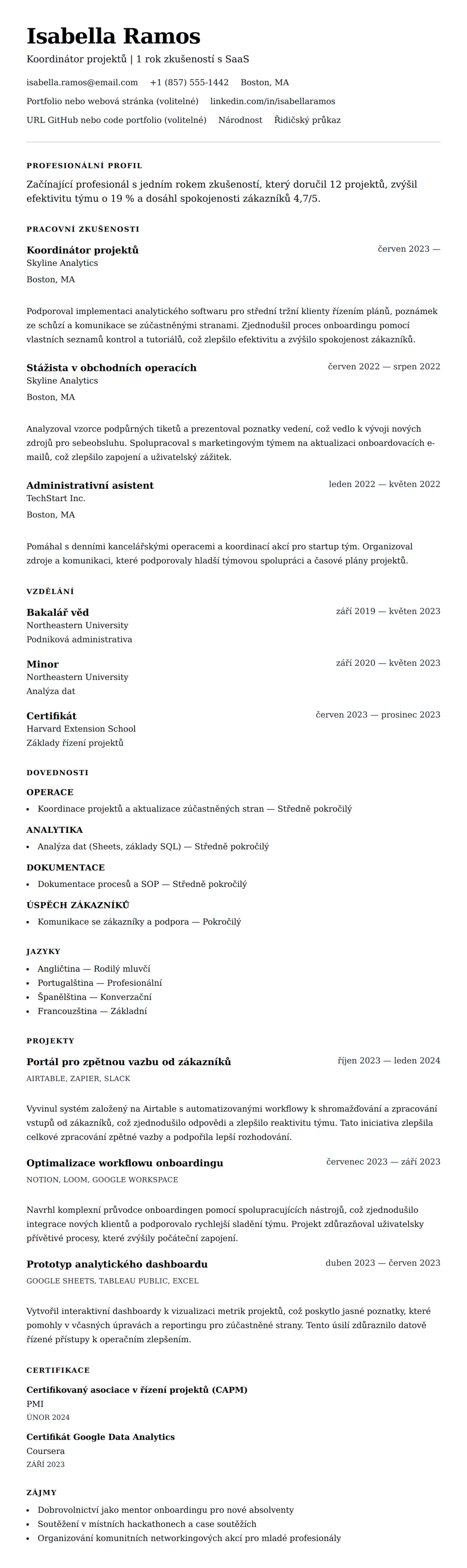 Náhled životopisu pro Příklad životopisu s jedním rokem zkušeností