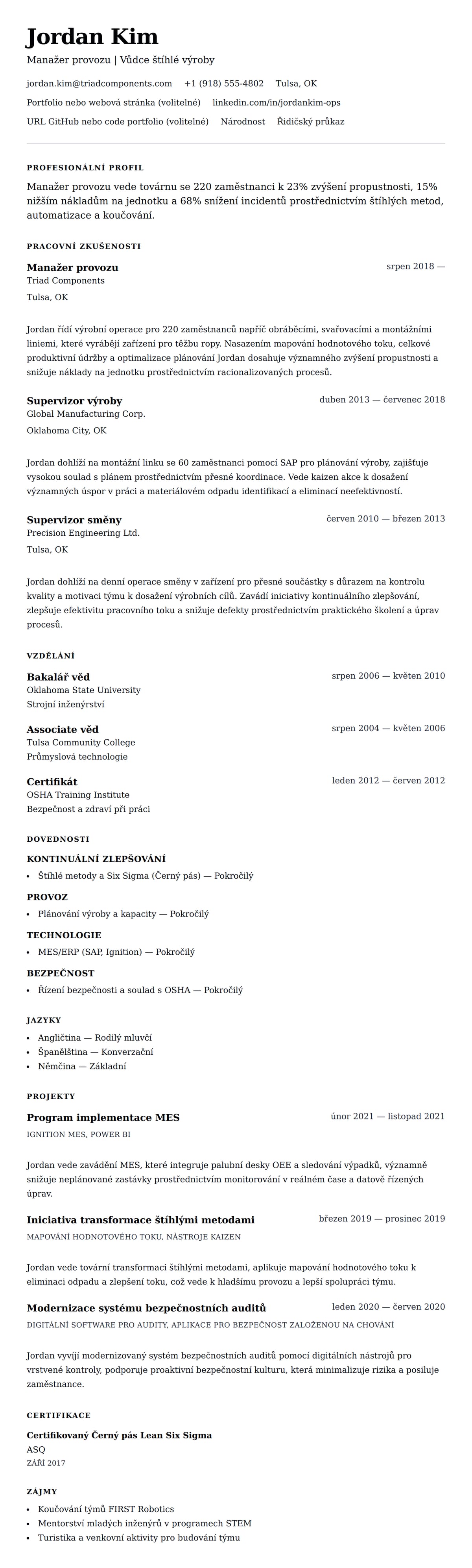 Náhled životopisu pro Příklad životopisu Manažera provozu