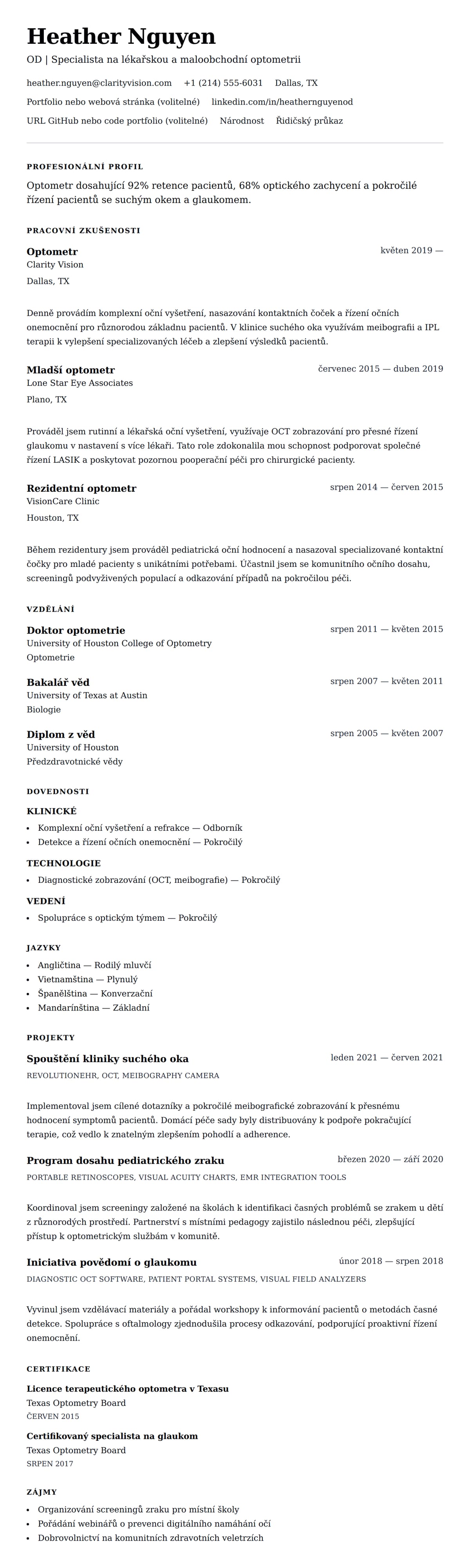Náhled životopisu pro Příklad životopisu optometra