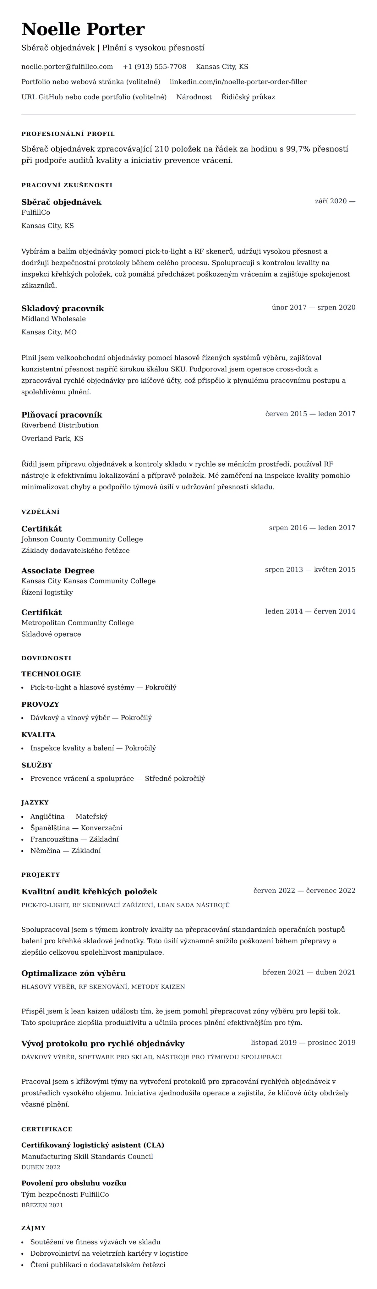 Náhled životopisu pro Příklad životopisu sběrače objednávek