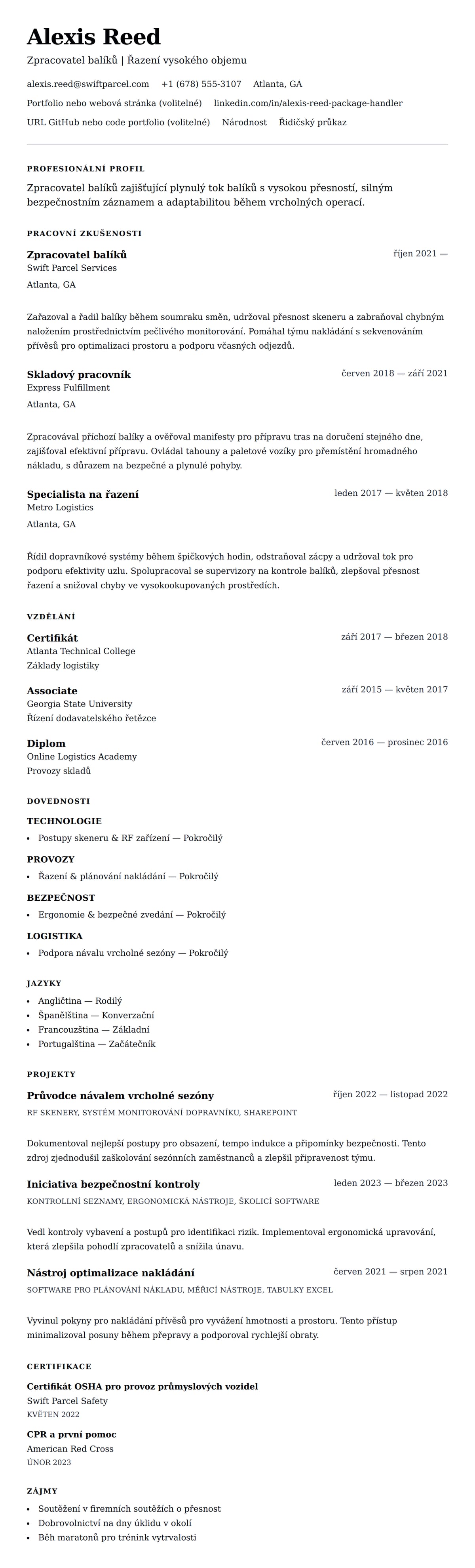 Náhled životopisu pro Příklad životopisu zpracovatele balíků