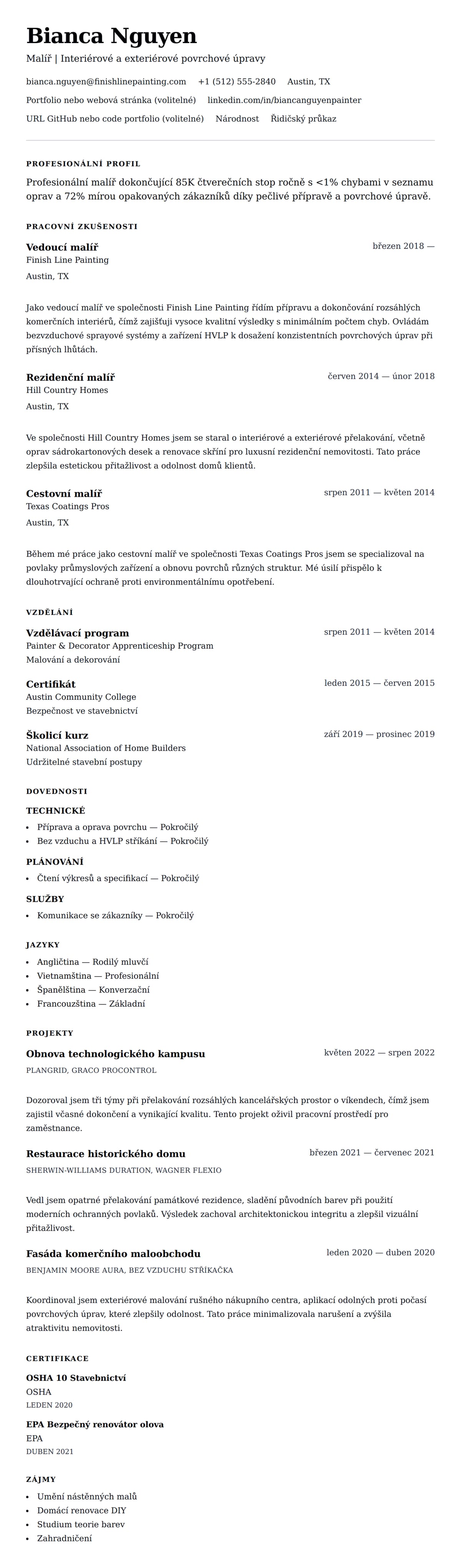 Náhled životopisu pro Příklad životopisu malíře