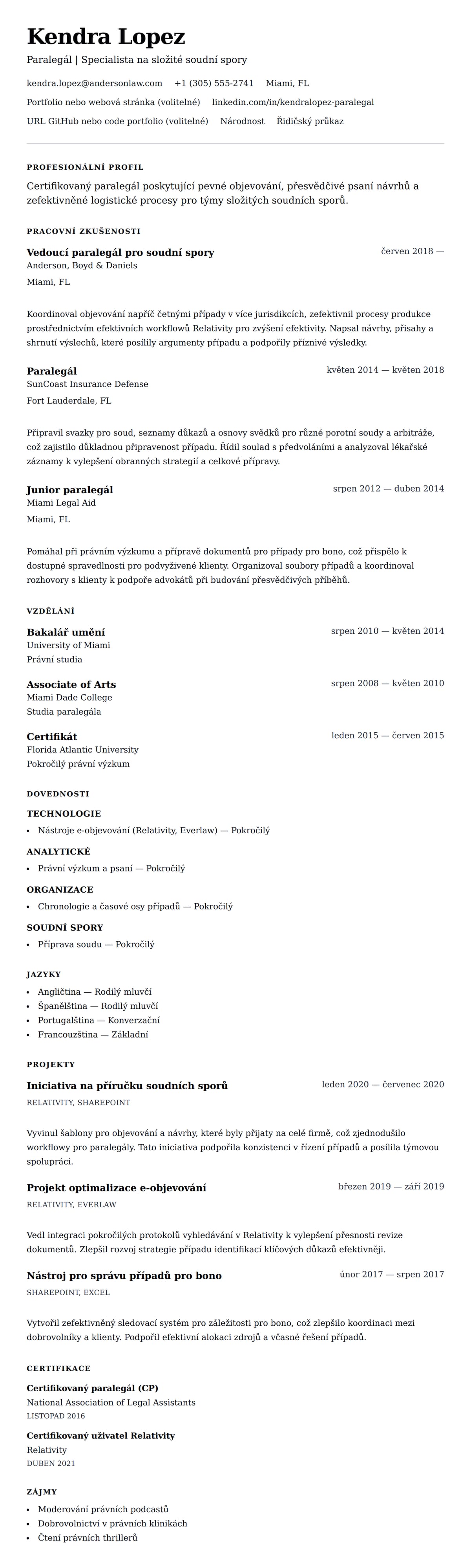Náhled životopisu pro Příklad životopisu paralegála
