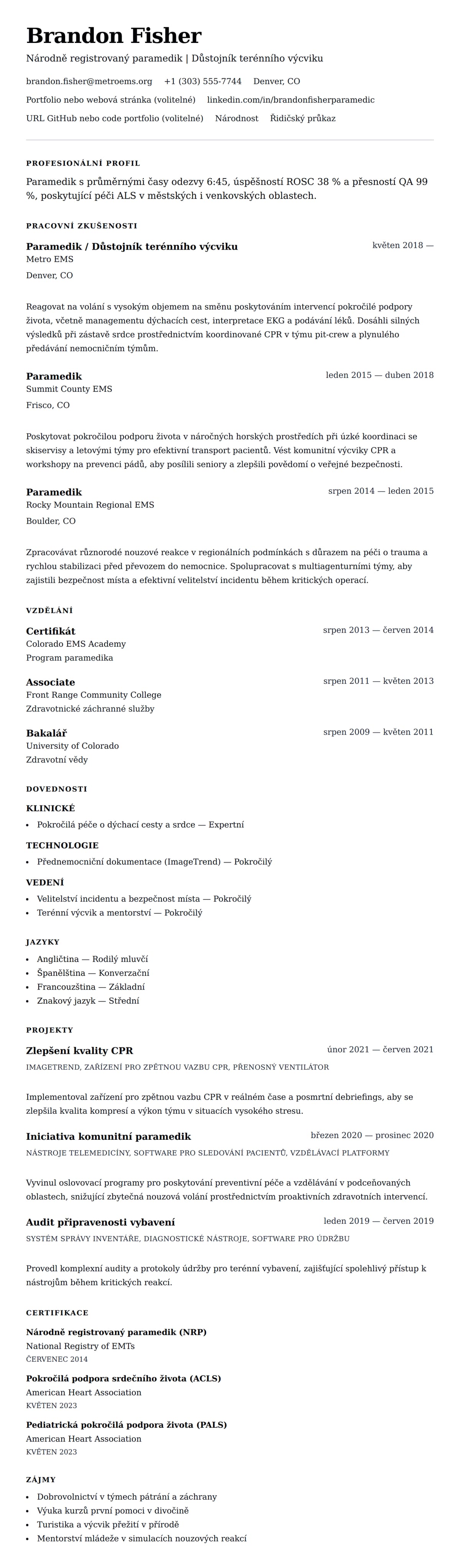 Náhled životopisu pro Příklad životopisu paramedika