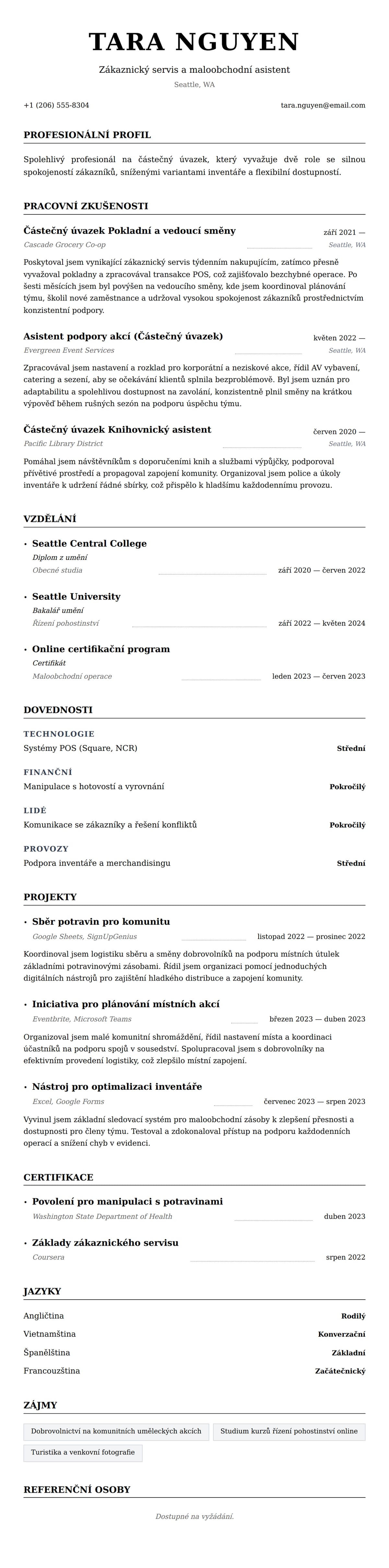 Náhled životopisu pro Příklad životopisu pro práci na částečný úvazek