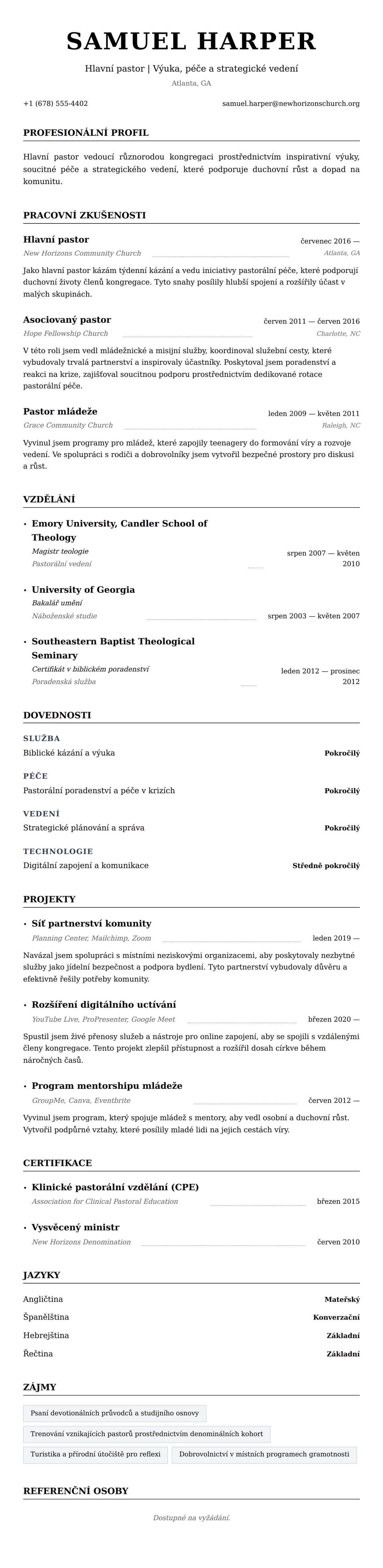 Náhled životopisu pro Příklad životopisu pastora