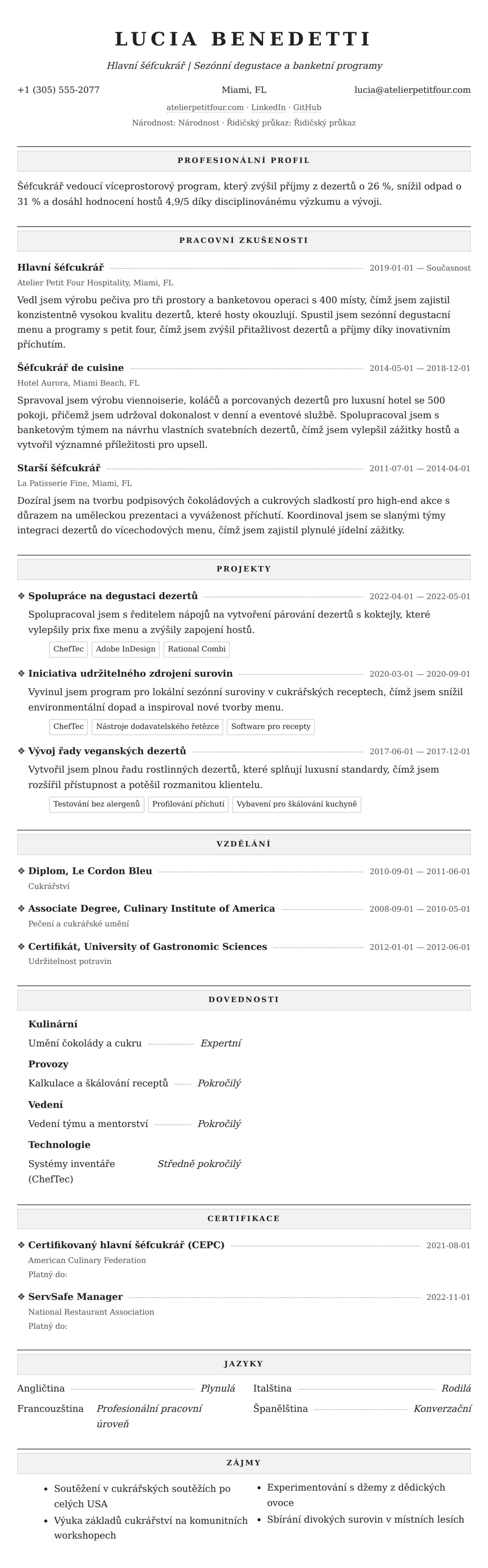 Náhled životopisu pro Příklad životopisu šéfcukráře