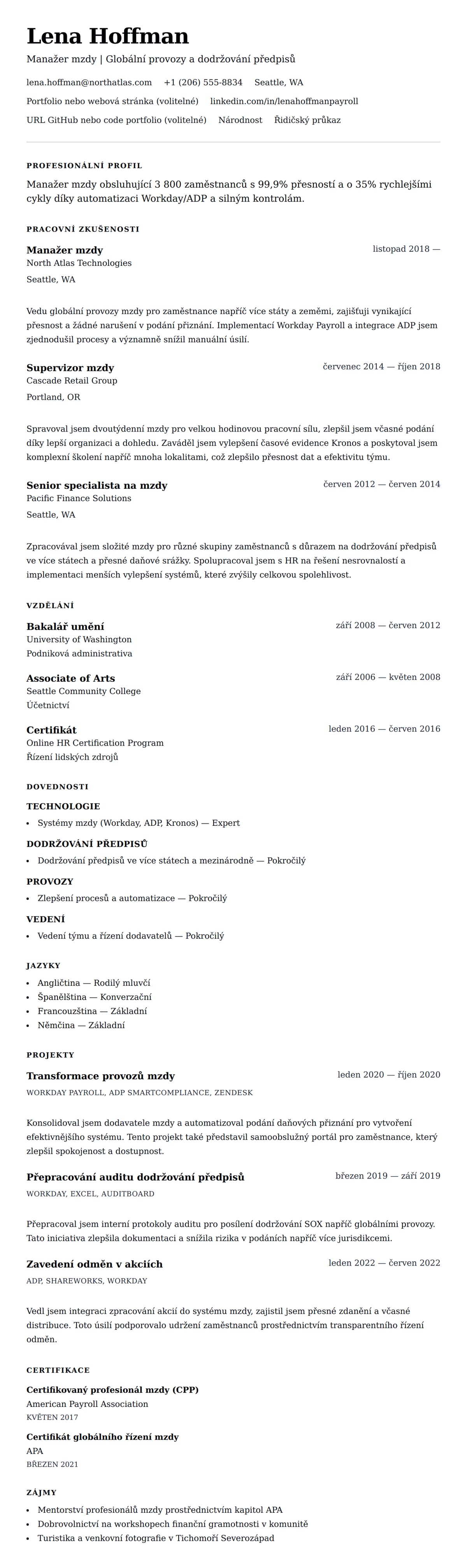 Náhled životopisu pro Příklad životopisu manažera mzdy