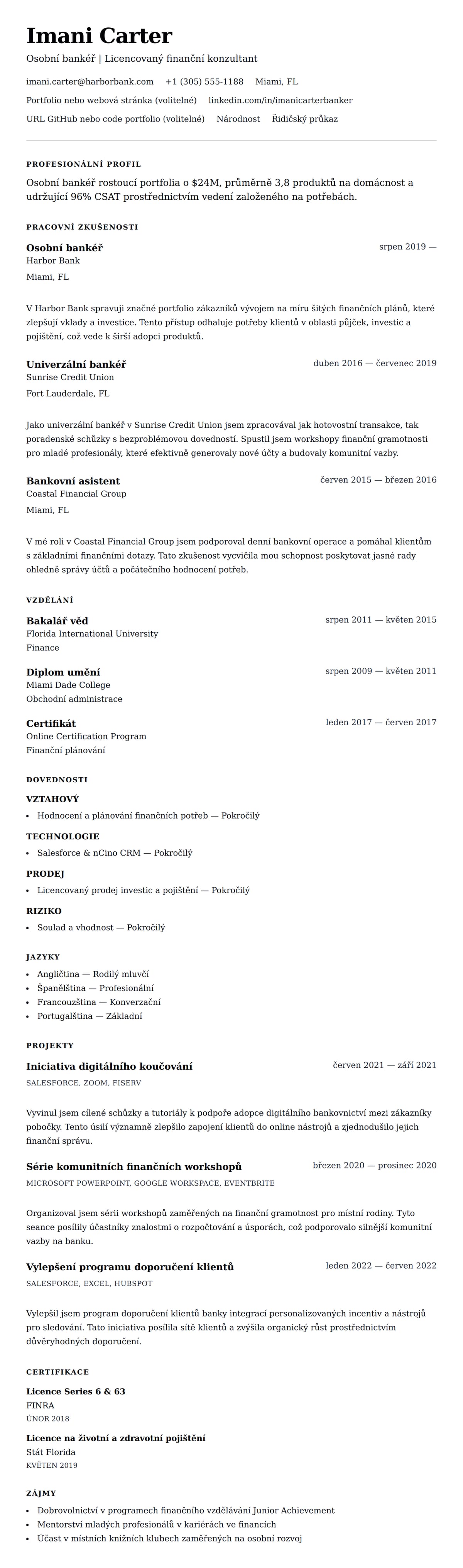 Náhled životopisu pro Příklad životopisu osobního bankéře