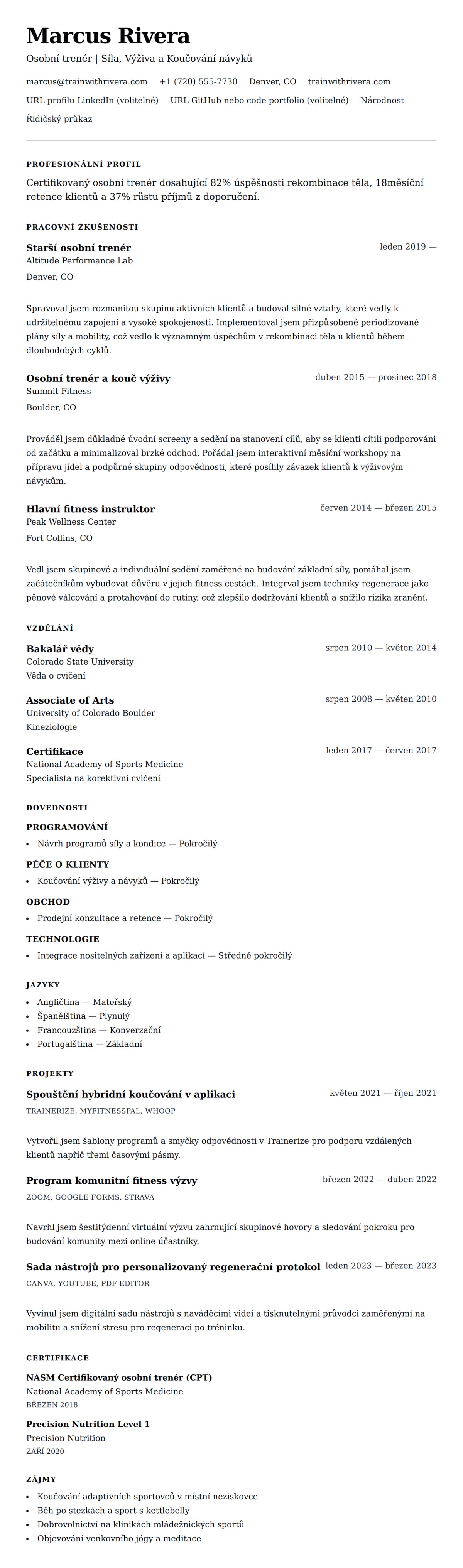 Náhled životopisu pro Příklad životopisu osobního trenéra